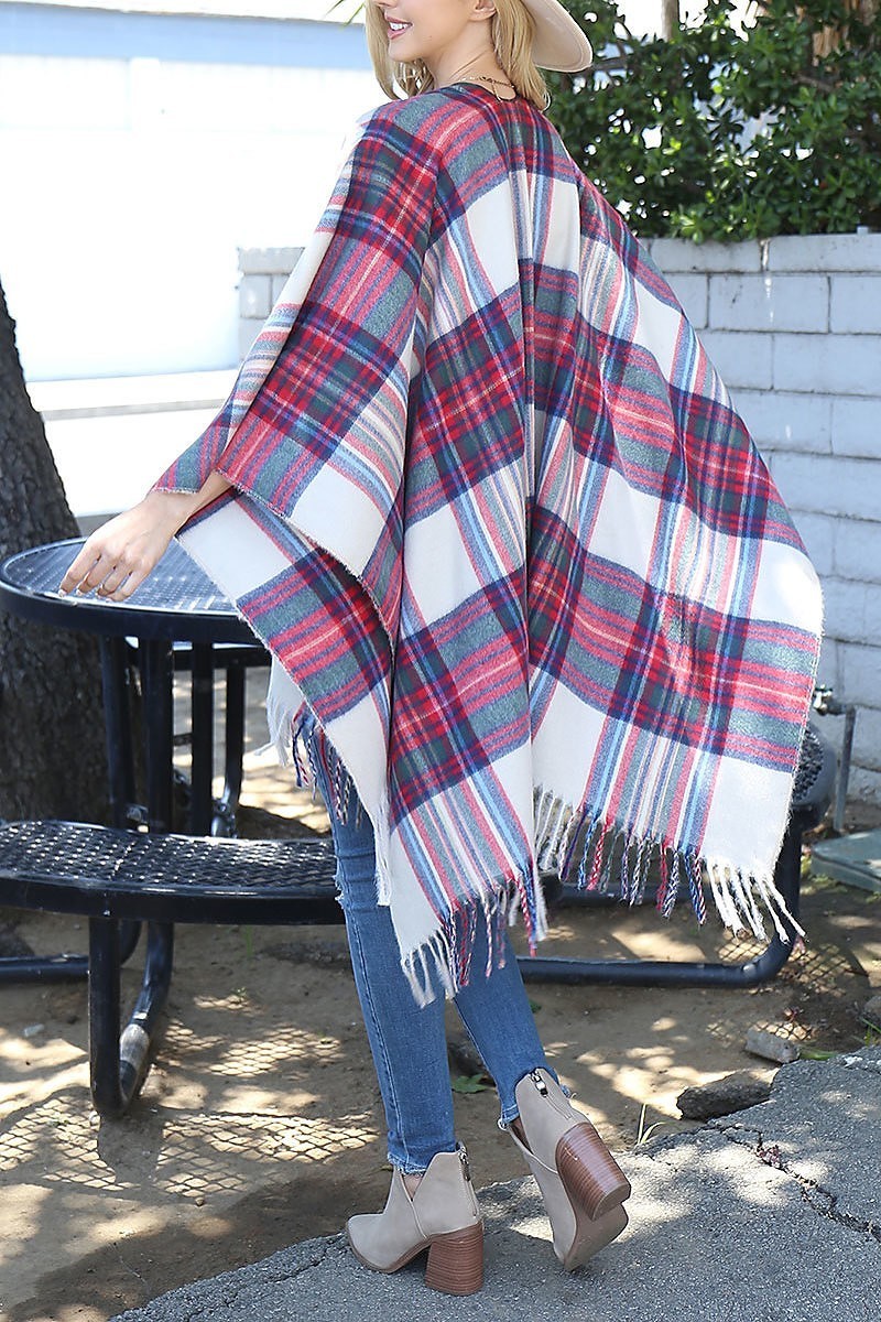 Plaid knit fringe open front kimono (DGS6070)