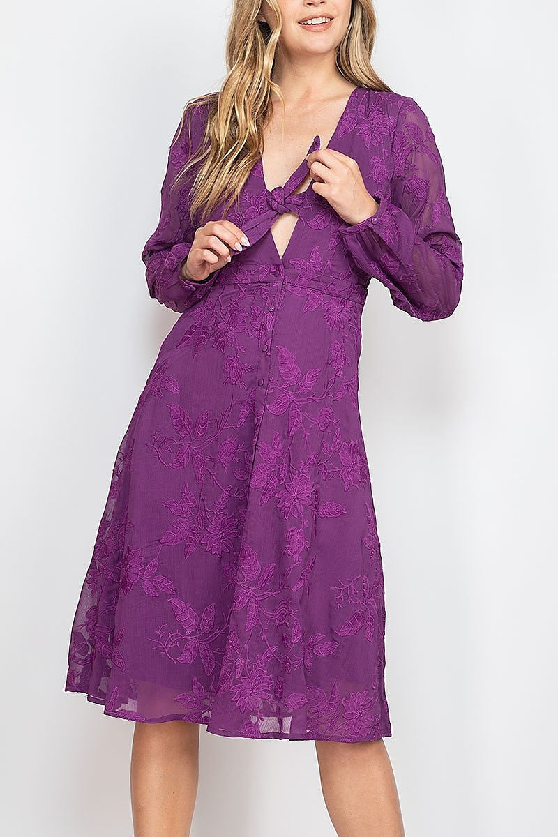 Floral embroidered tie front dress (DED6733)