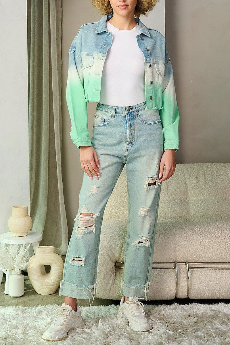 Button closure colorblock denim crop jacket (EFWT9296-1)