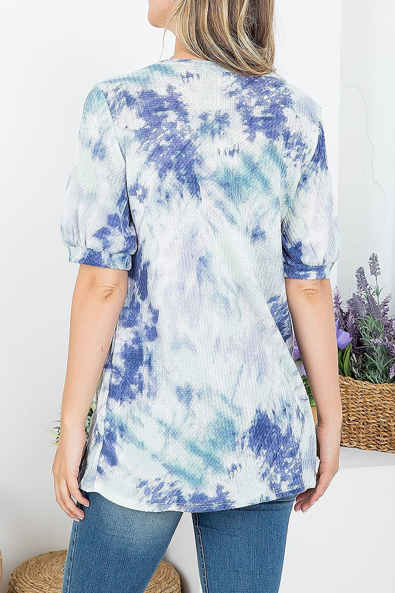 Tie dye v neck cuffed sleeve top (EF4102)