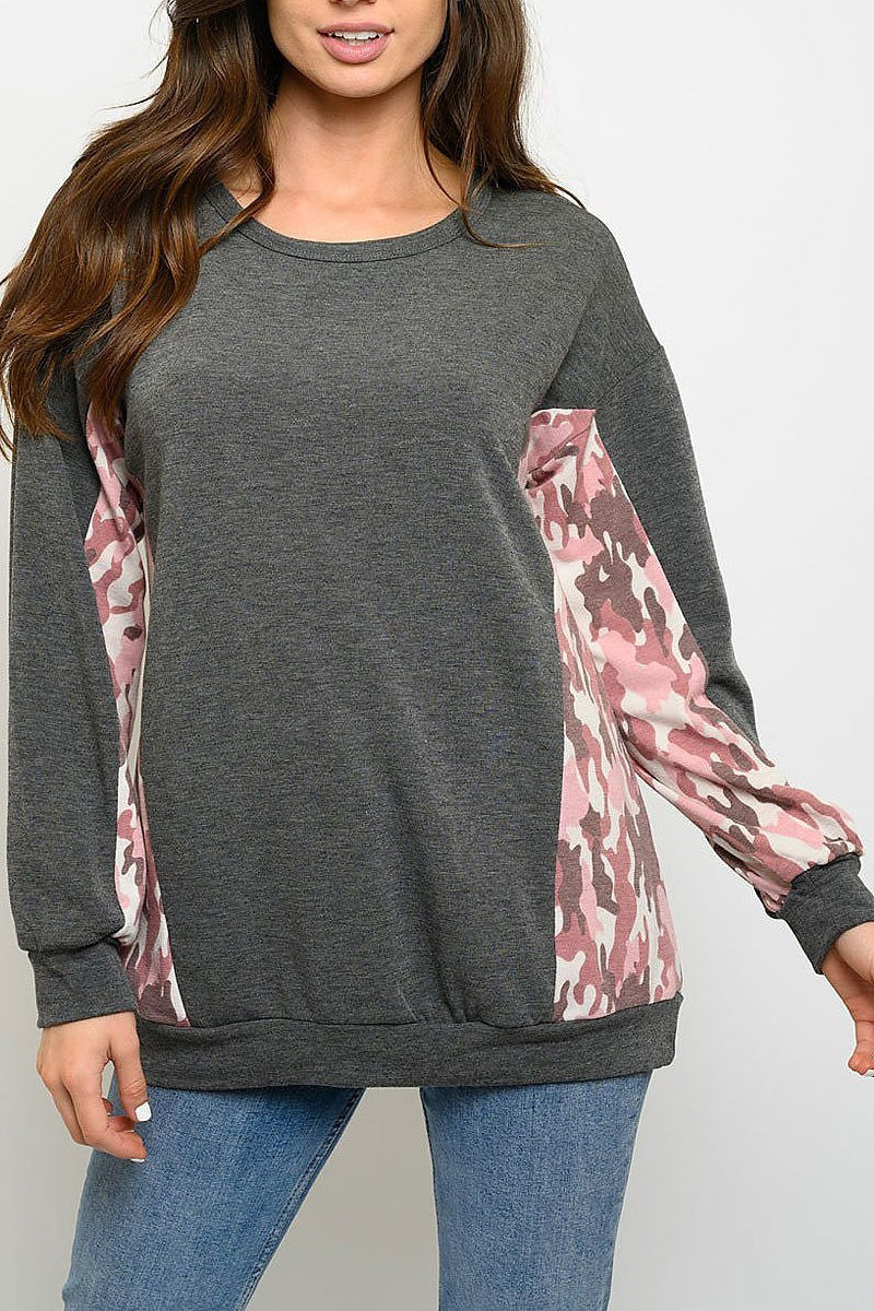 Long sleeve camo color block top (EDWT3067-1)