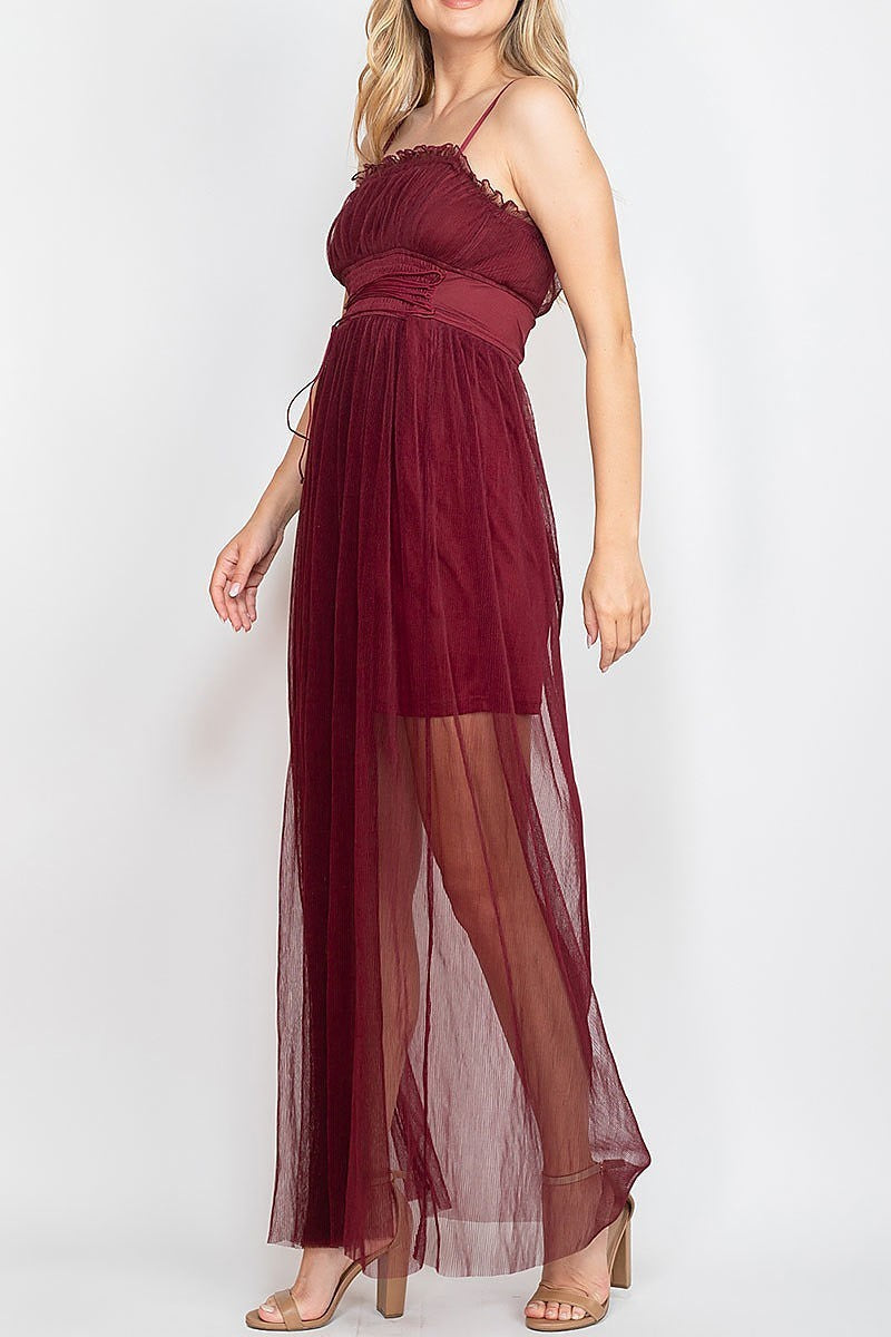 Lace up smoked waist ruched sheer maxi dress (DED6743)