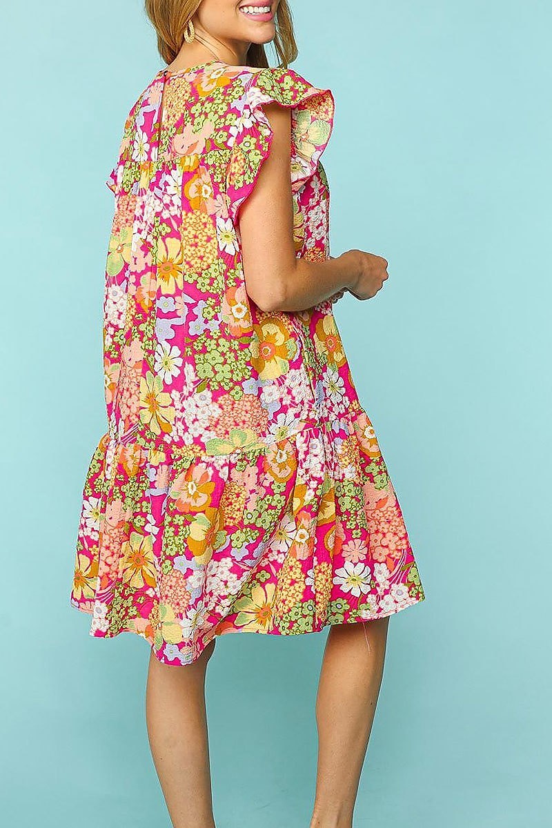 Floral ruffle frill sleeve with side pockets dress (ETMBM2833)