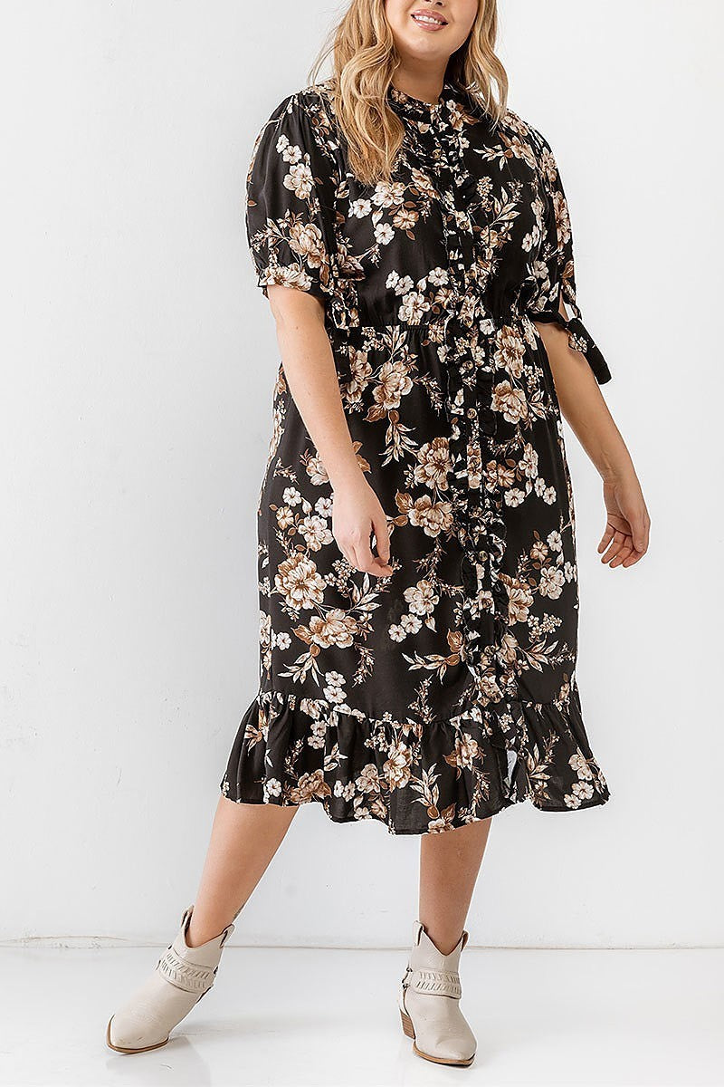 Floral print ruffle hem button front dress (TED1714)