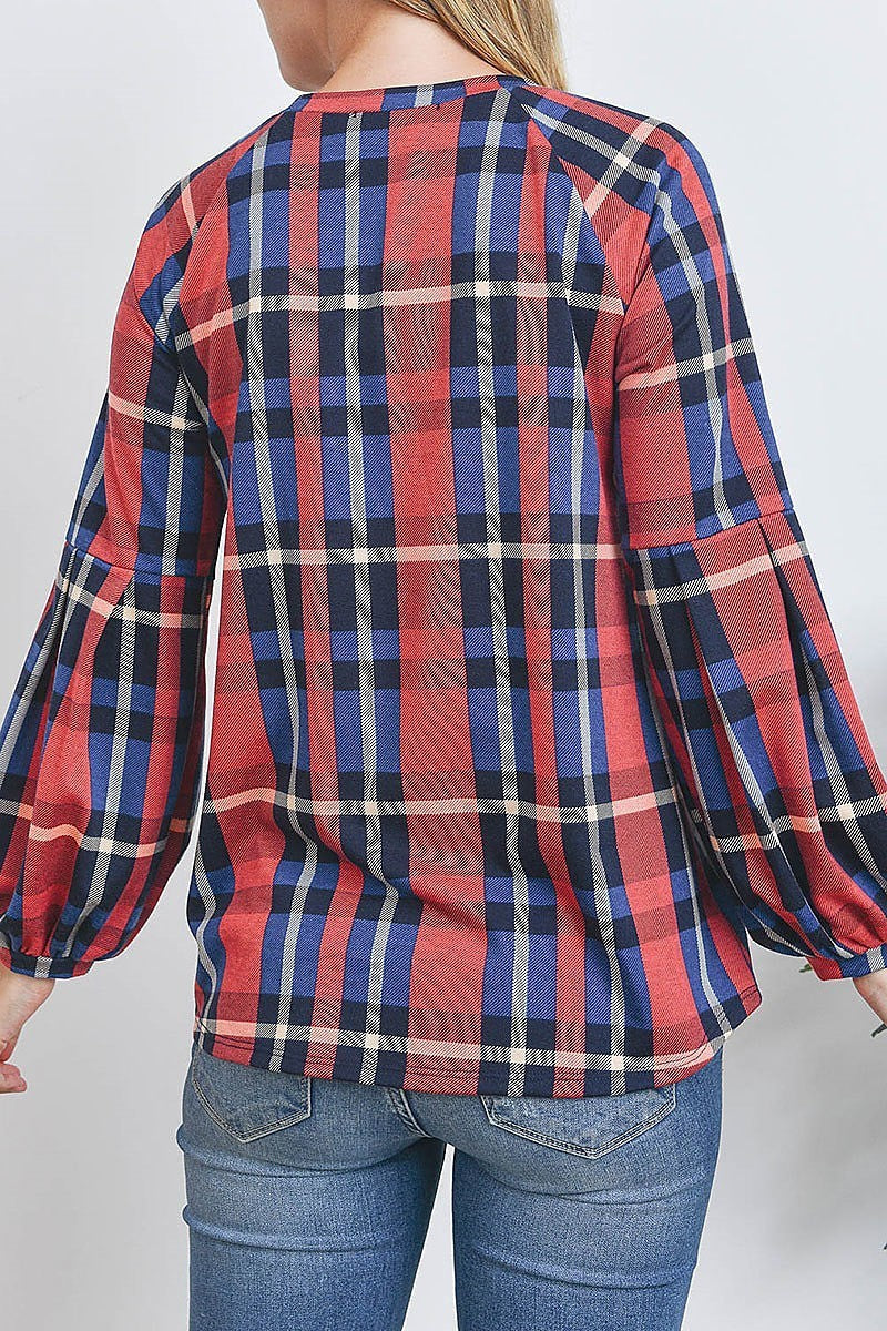 Puff sleeve crew neck plaid top (EF2399-1)