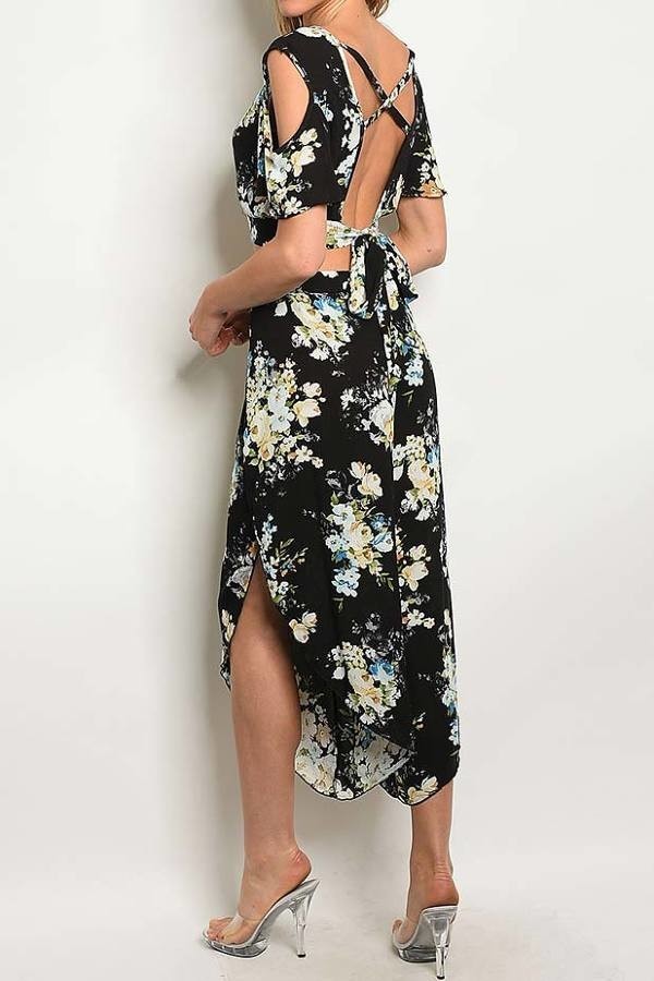 Cutout sleeve asymmetrical hem floral print top and pants set (ED5238-1)