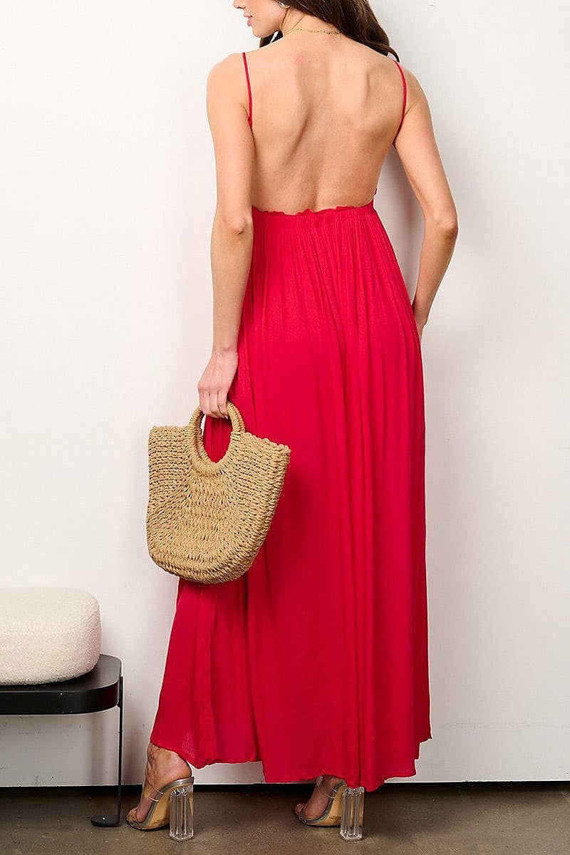 Sleeveless v-neck crochet detailed maxi dress (EFWT7266)