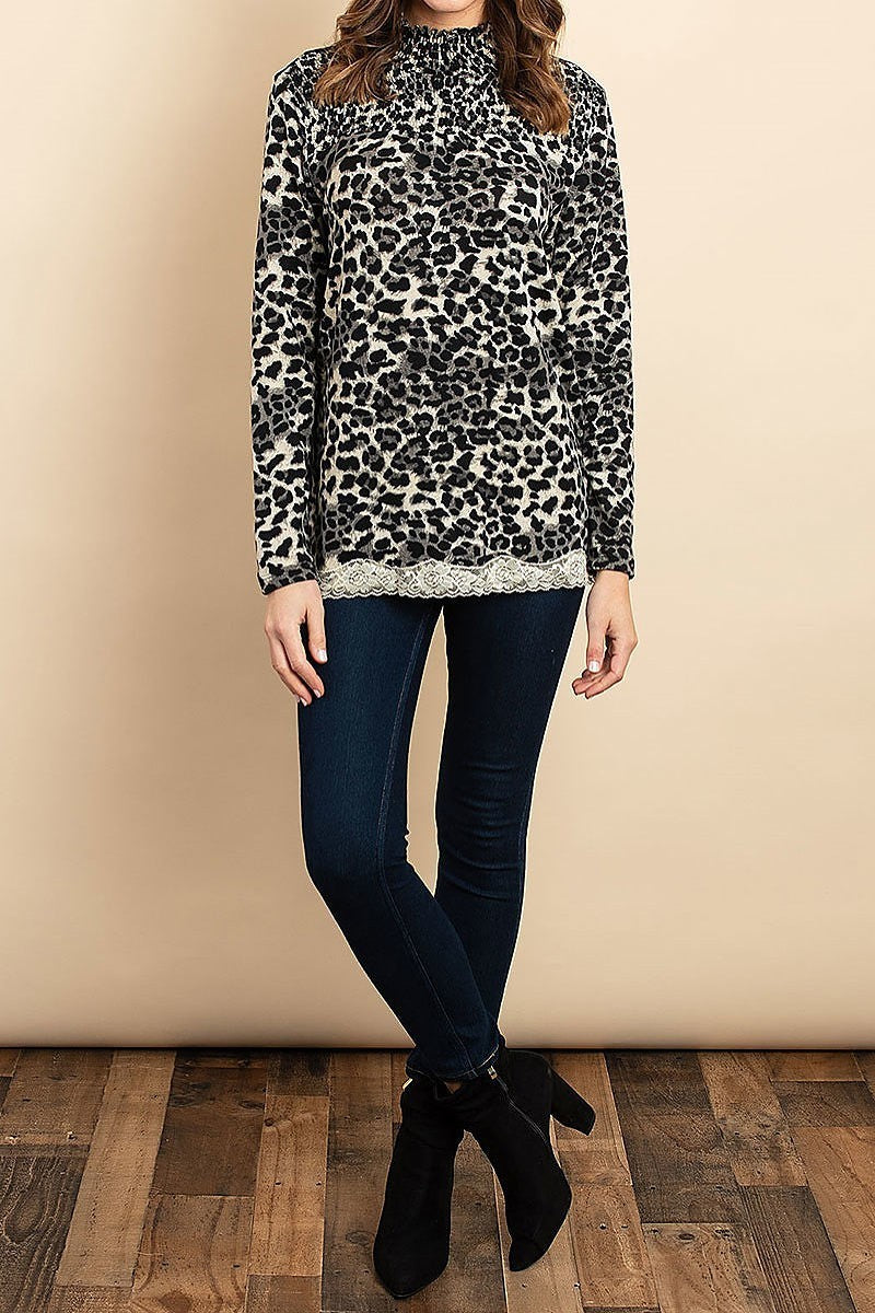 Long sleeve mock neck lace trim hem animal print blouse top (DGS4992-2)