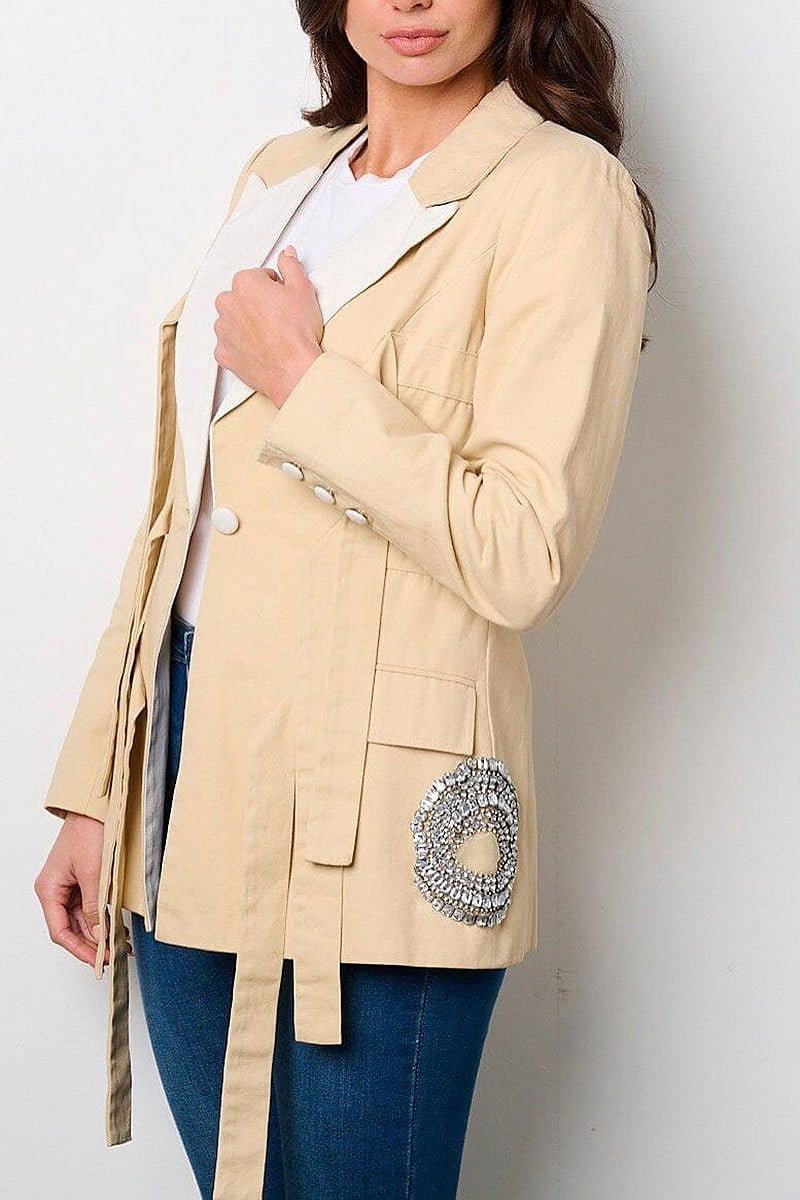 Long sleeve button closure self tie studs blazer (EFWT8972)