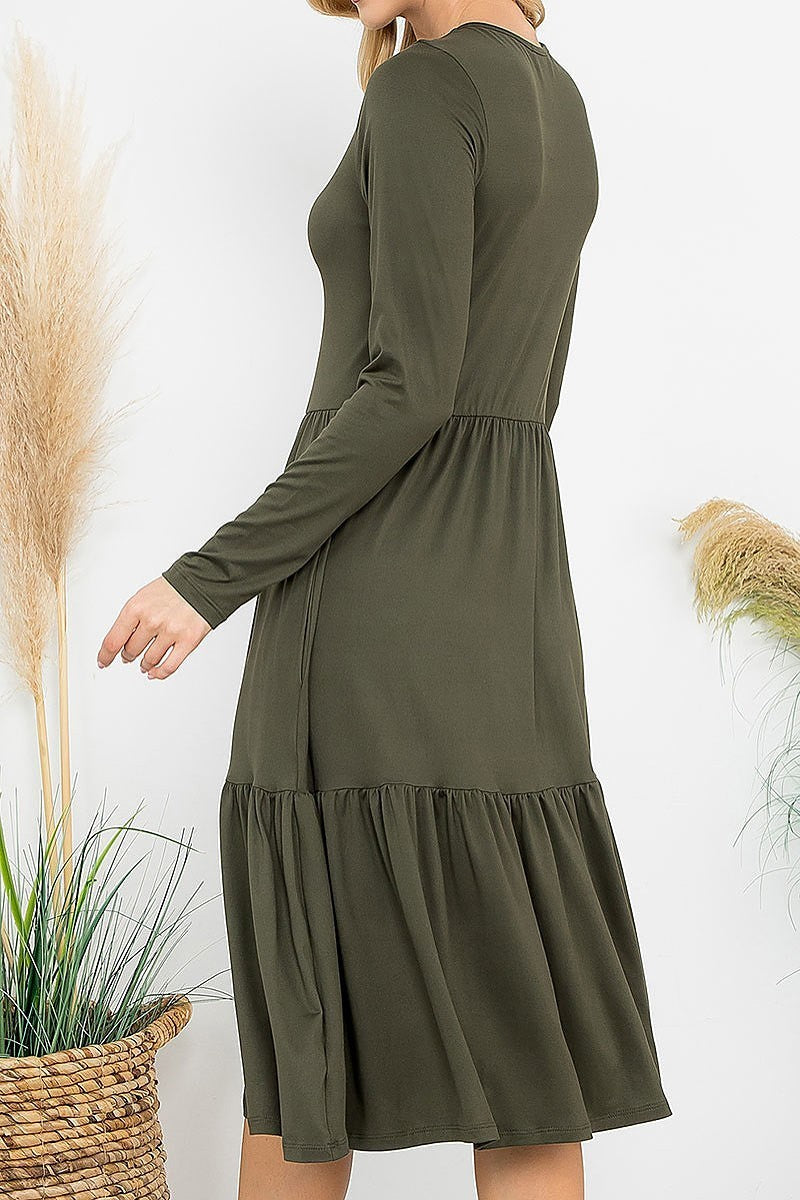 Solid long sleeve tiered pocket flare dress (DED8853)