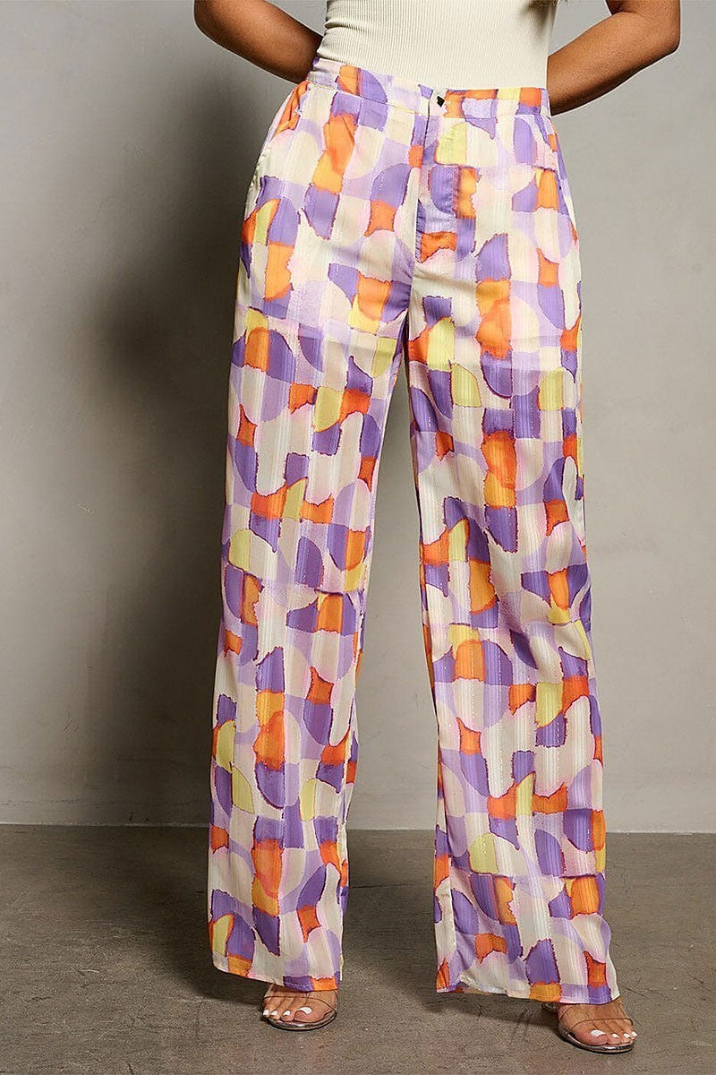 Button closure pockets wide leg multi print pants (EFWT9904)