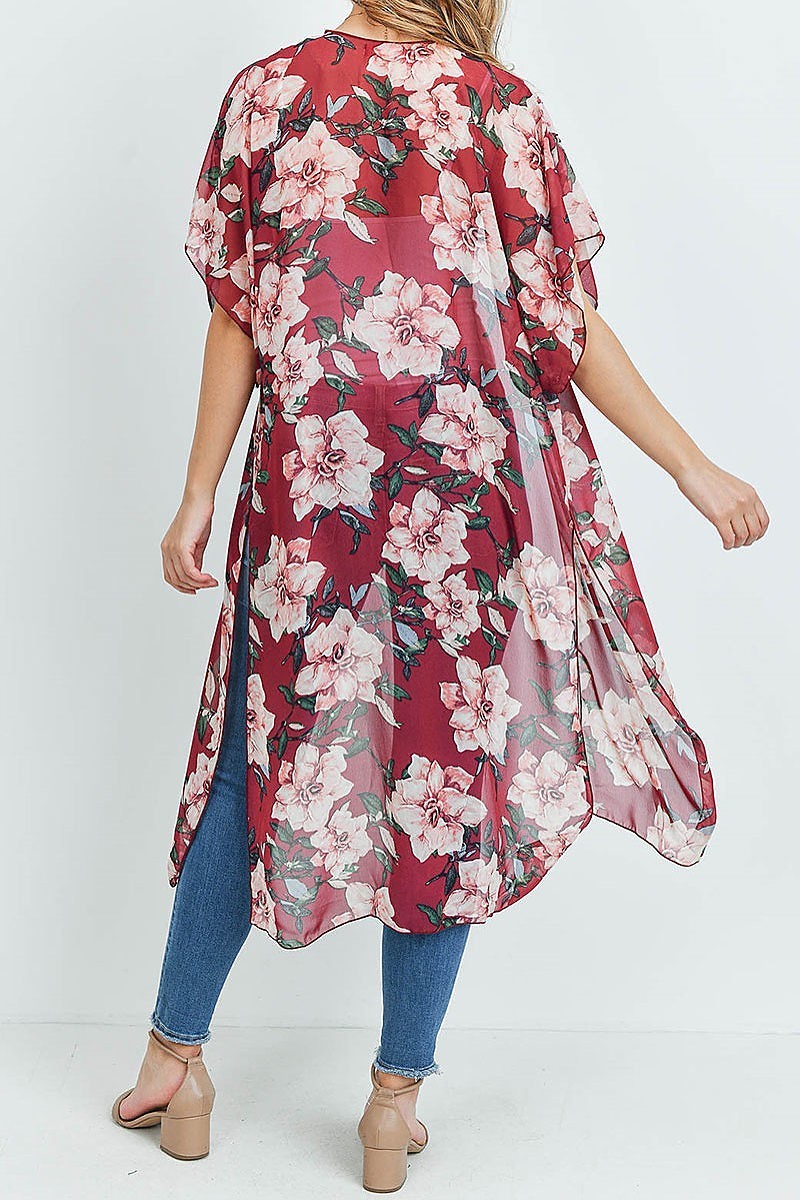 Short sleeve floral print slit hem kimono (ED8867-1)