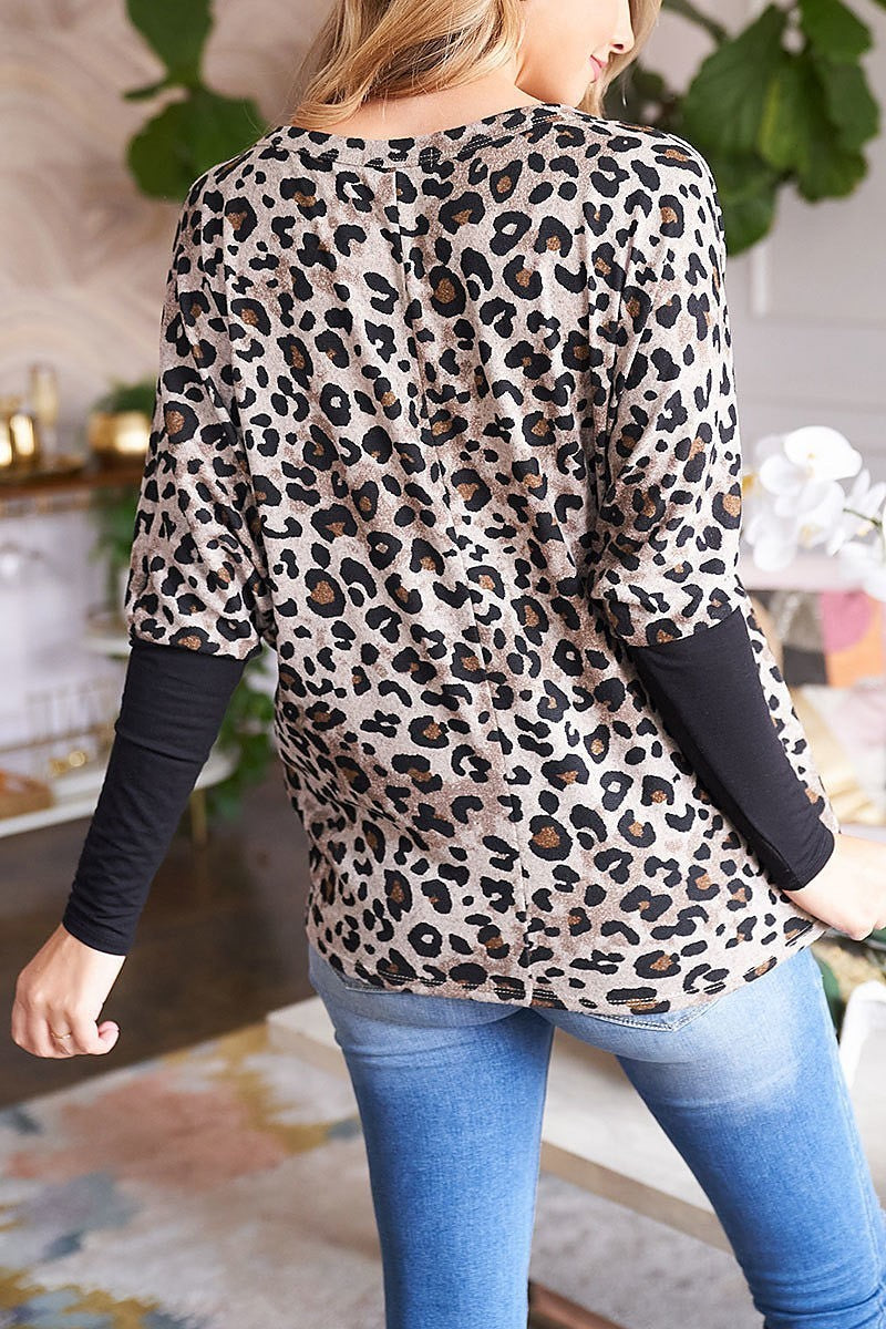 Solid dolman sleeve boat neck leopard top (EF2659)