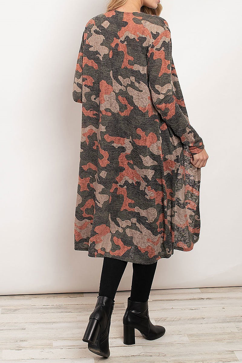 Camo print open front long kimono cardigan (ED7882-2)