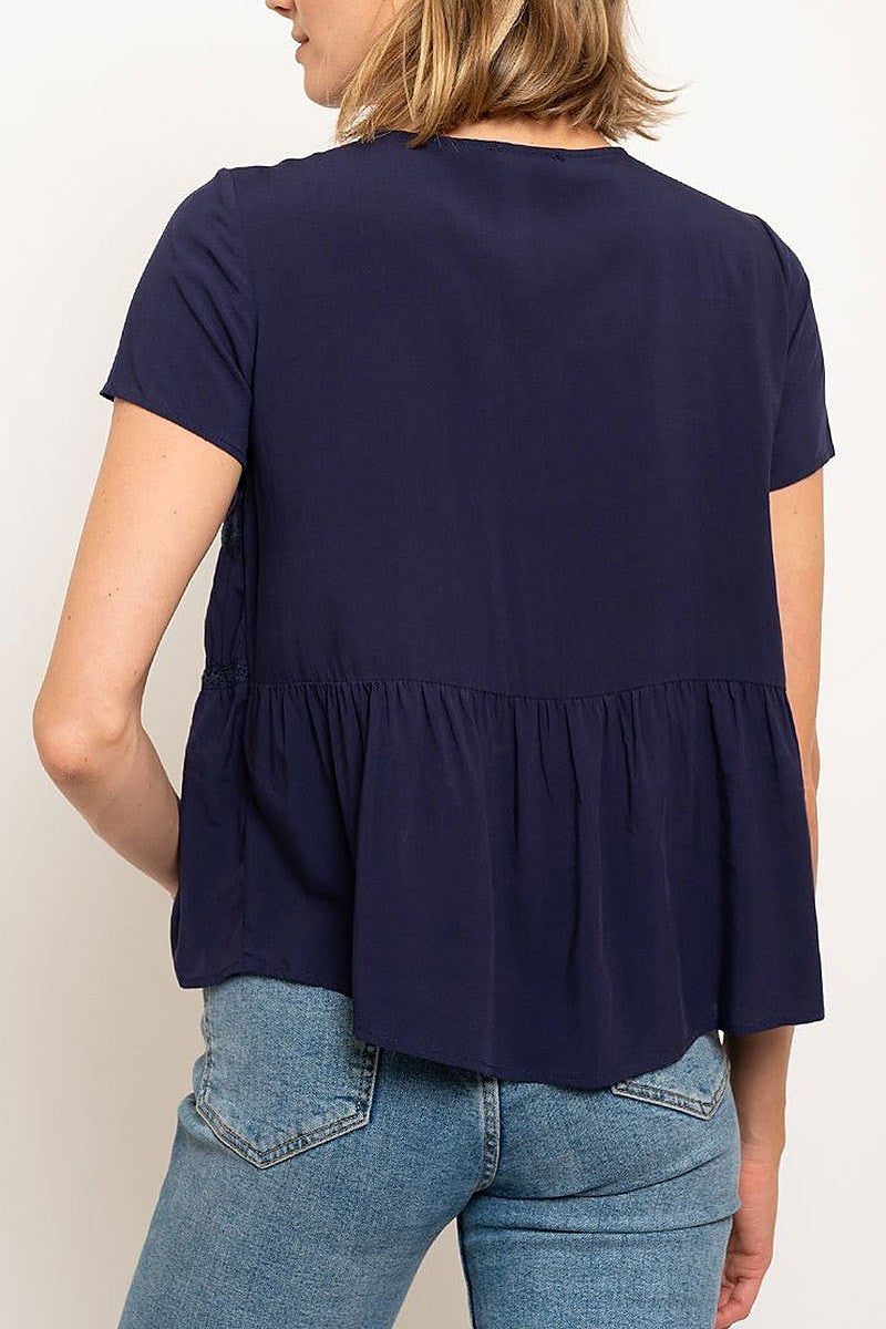 Lace trim tiered pleated top (EDWT2491)