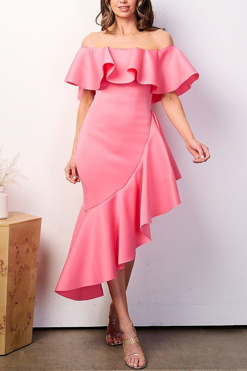 Off shoulder ruffle bandage high-low midi dress (EFWT8508)