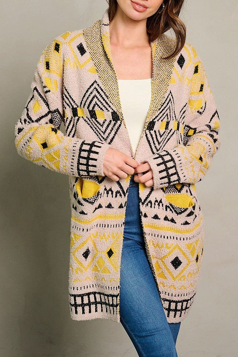 Long sleeve open front pockets colorblock cardigan (EGWT2600)