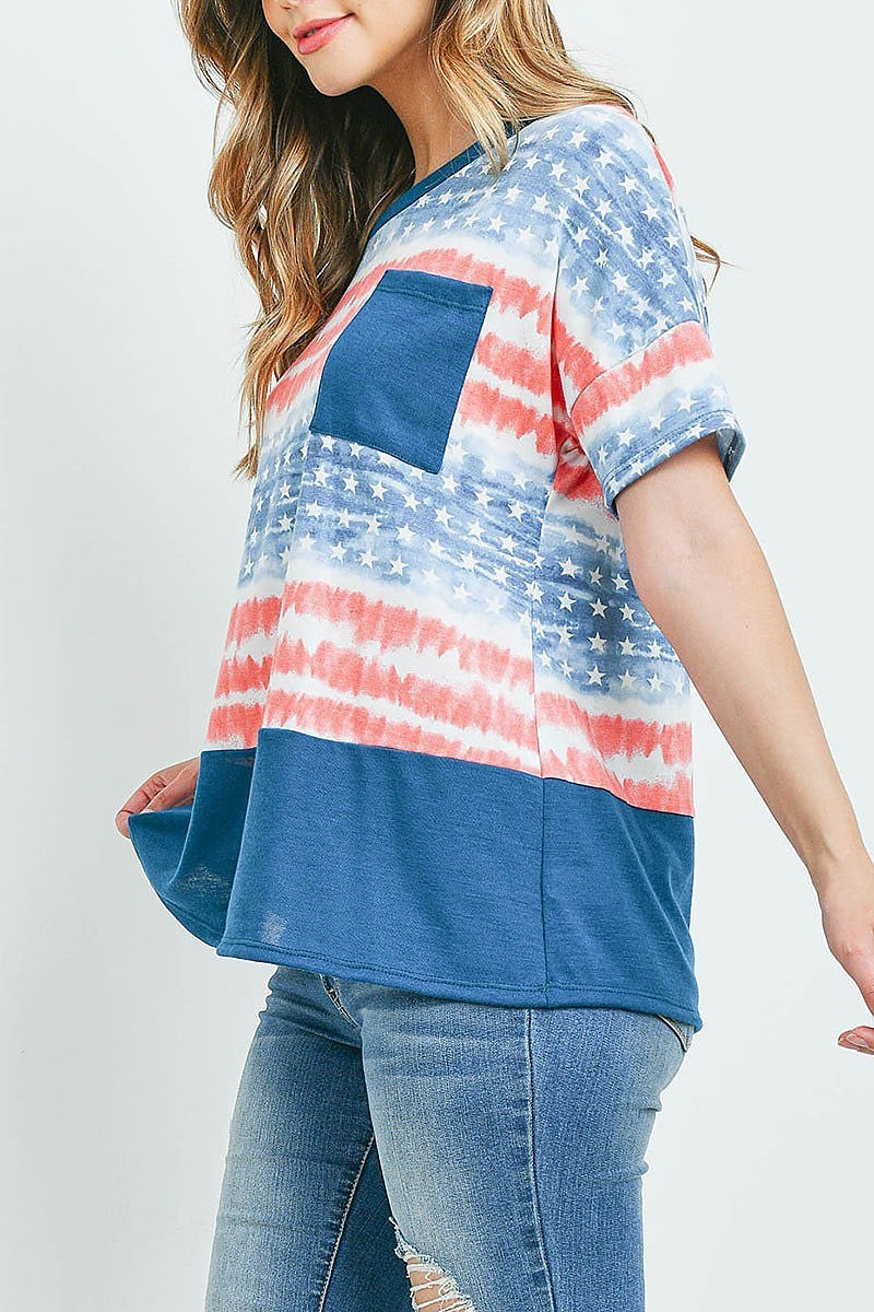 Tie dye american flag solid contrast pocket top (ED9922)