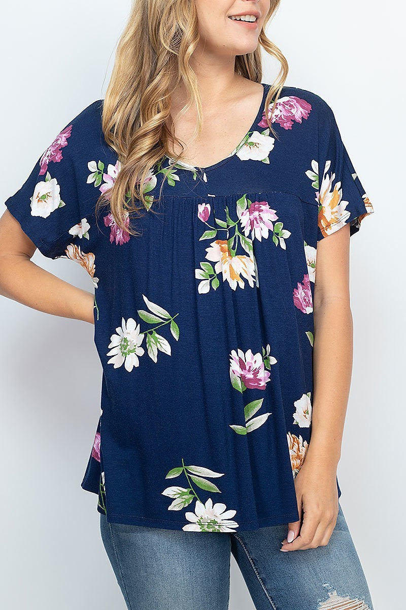 Short sleeve floral print pleated top (EF2162)