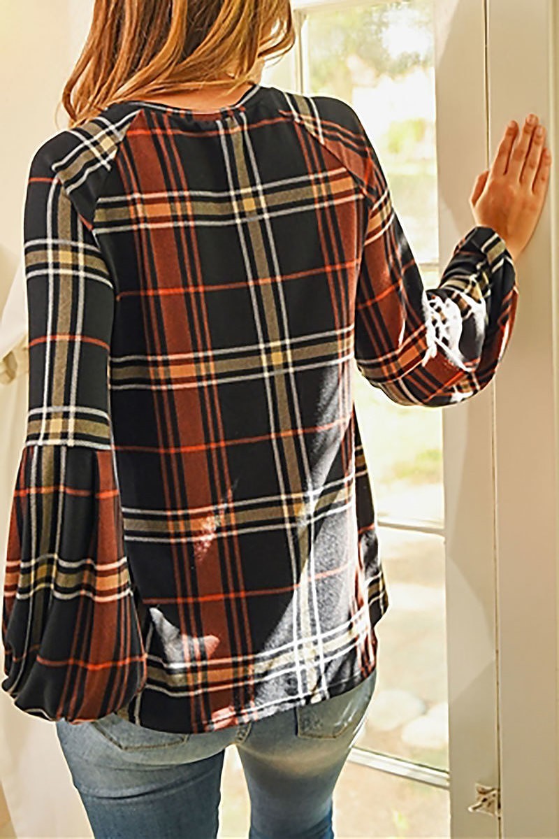 Round neck bubble sleeve plaid top (ED7984-1)