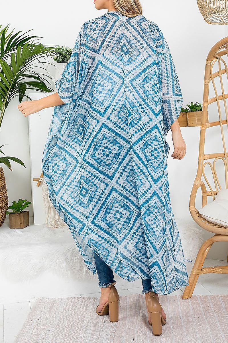 Diamond pattern print bohemiian open front long kimono (EF4179)