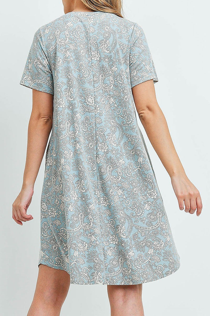 Short sleeves paisley round hem pocket dress (DED6353)