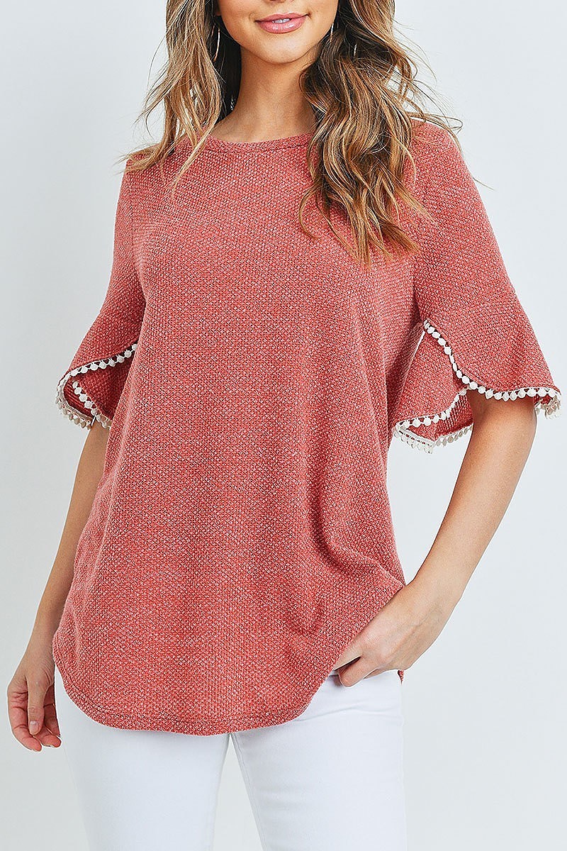 Lace detail bell sleeves round hem drake top (ED8614-1)