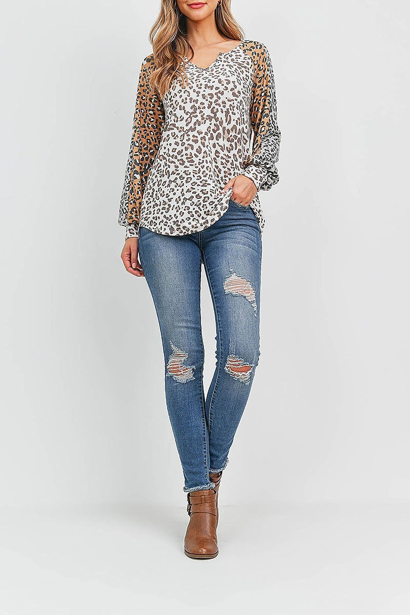 Knotch neck puff sleeve leopard top (EF2136)