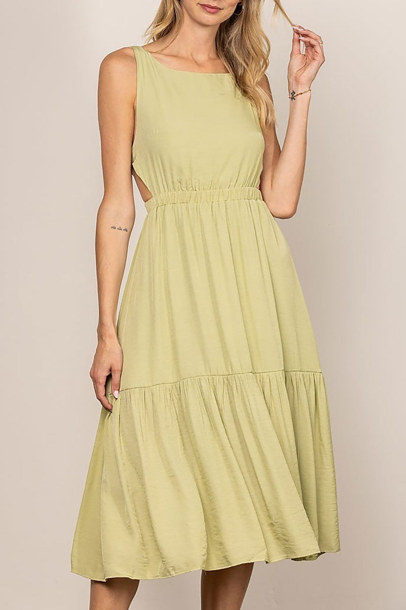 Cut-out waist open back ruffled hem midi dress (EDSW4281)