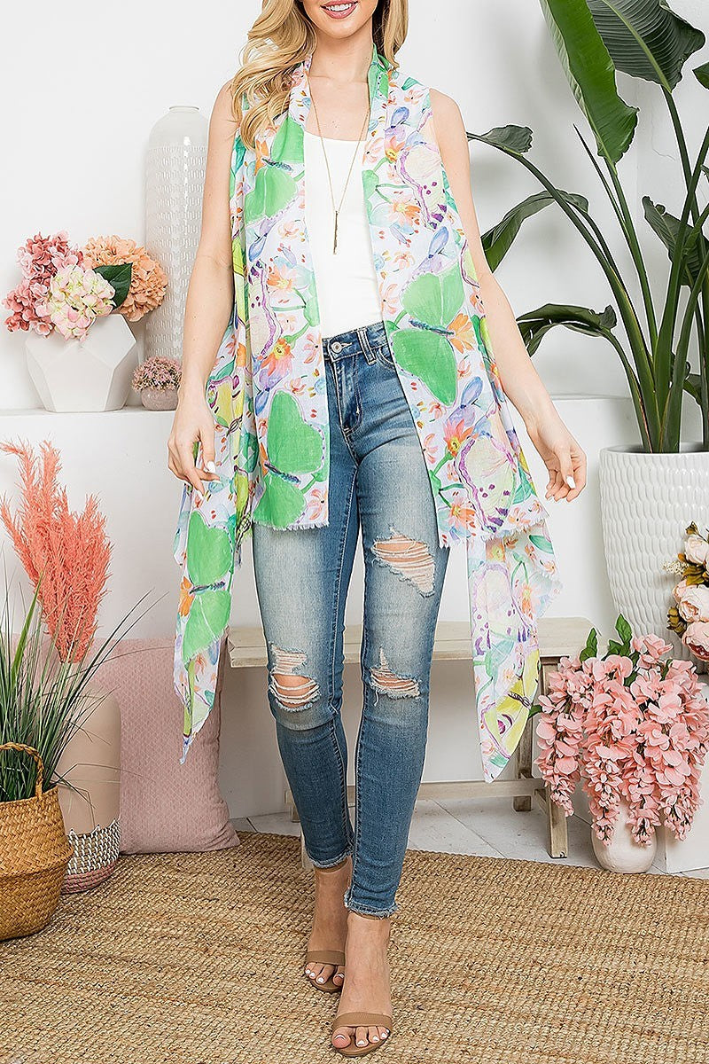 Tropical flower print open front kimono vest (EF5316)