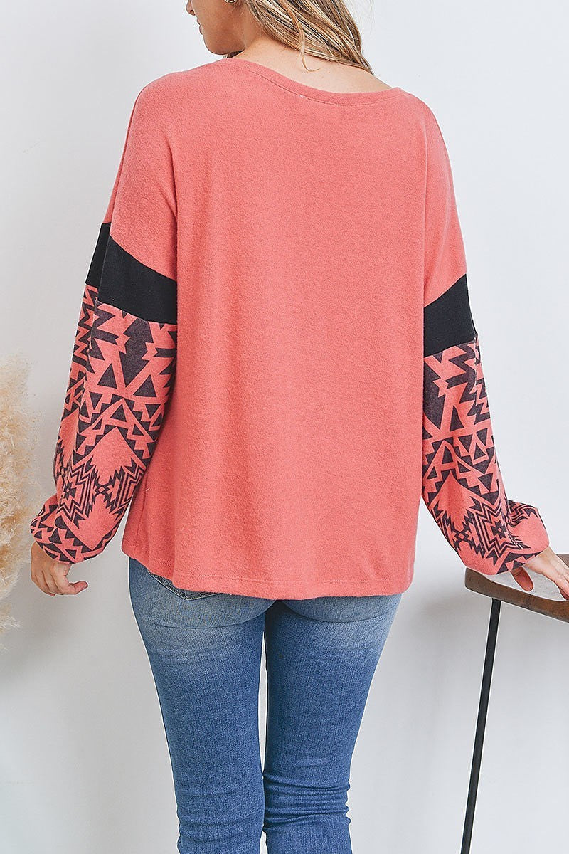 Aztec print color block bubble sleeve top (EF2484)