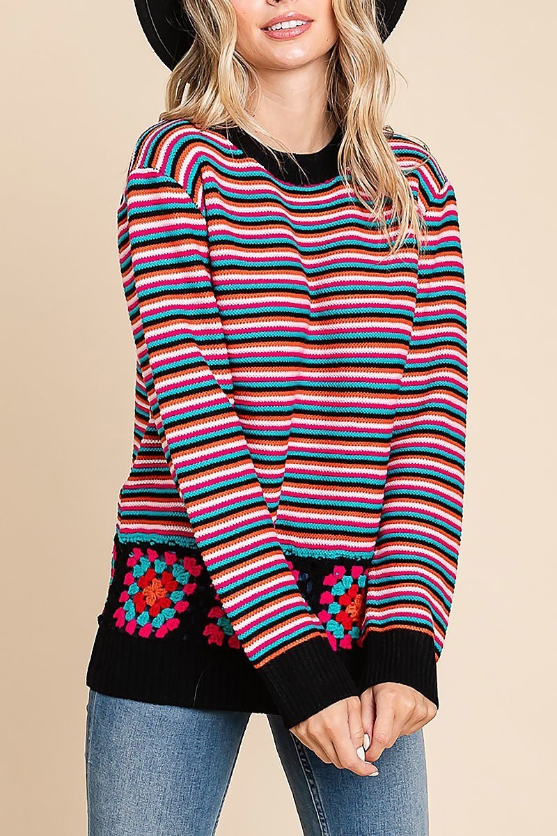 Stripe embroidered knit top (EDH1672)