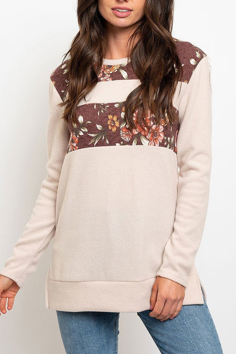 Long sleeve solid and floral mix top (EDWT2264)