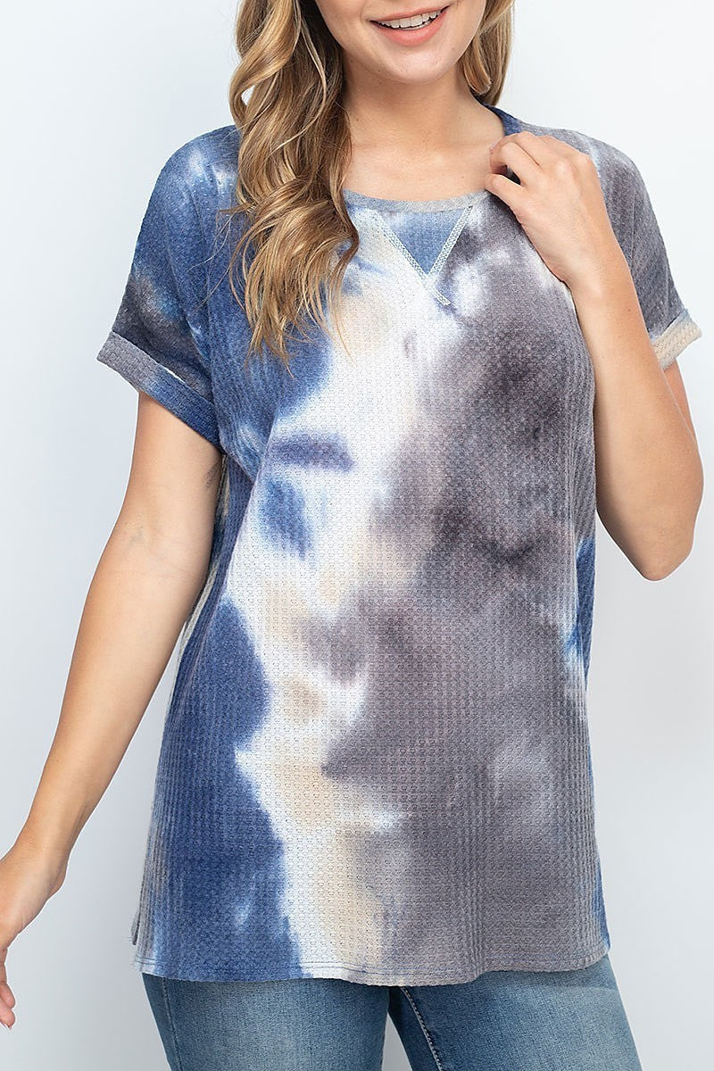 Rolled sleeve round neck waffle tie dye top (EF1859)