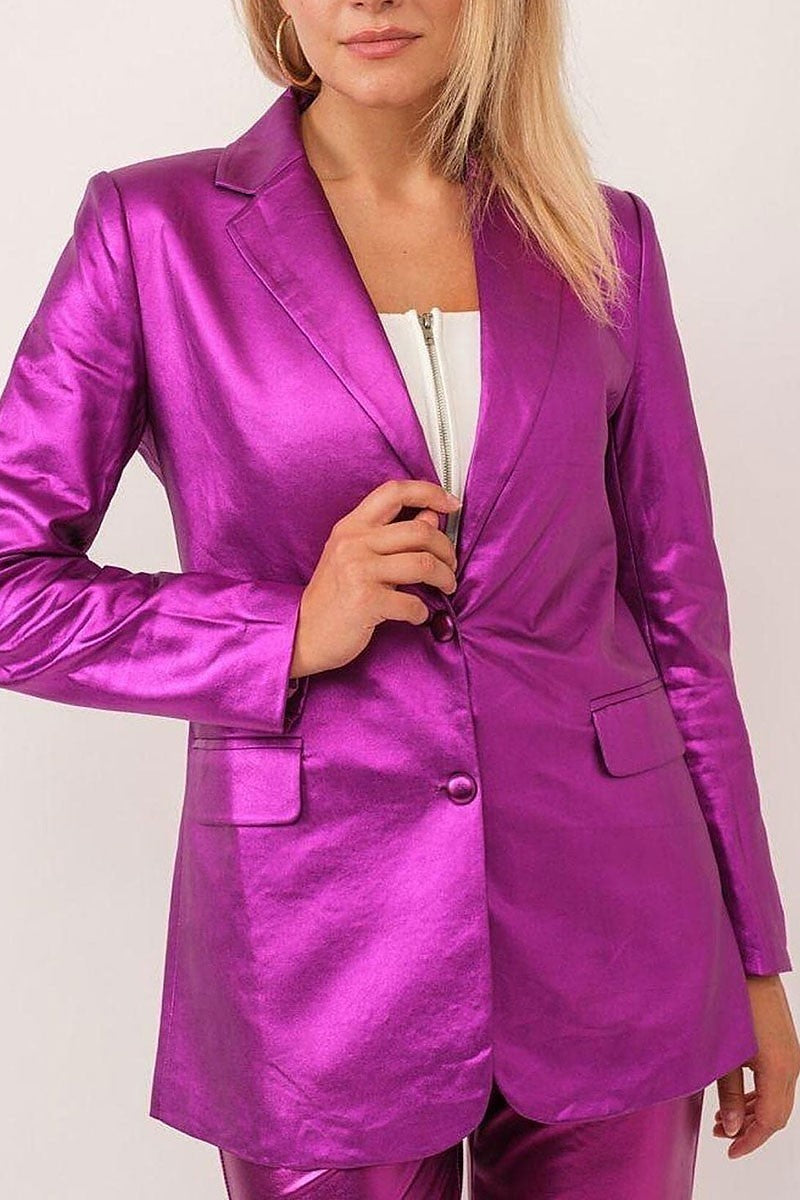 Long sleeve button closure pu metallic blazer (EFWT9686)