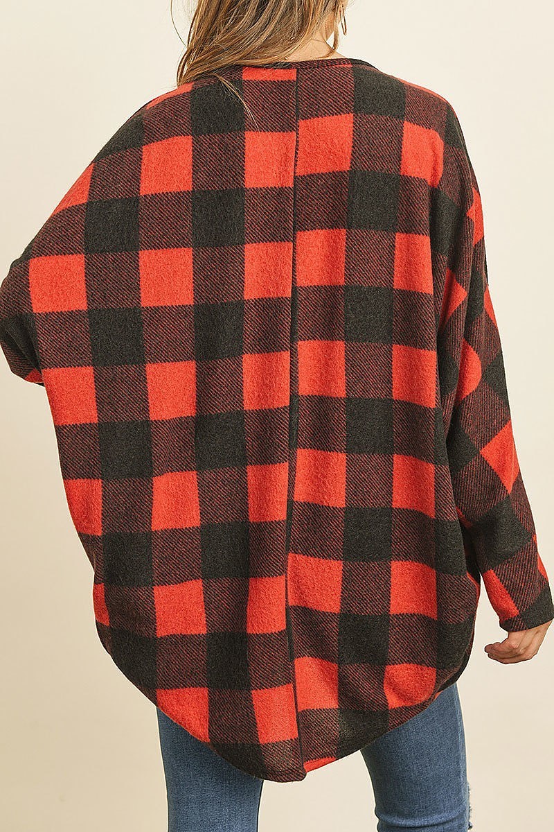 Plaid brushed long sleeved open cardigan (ED8215-LAST)