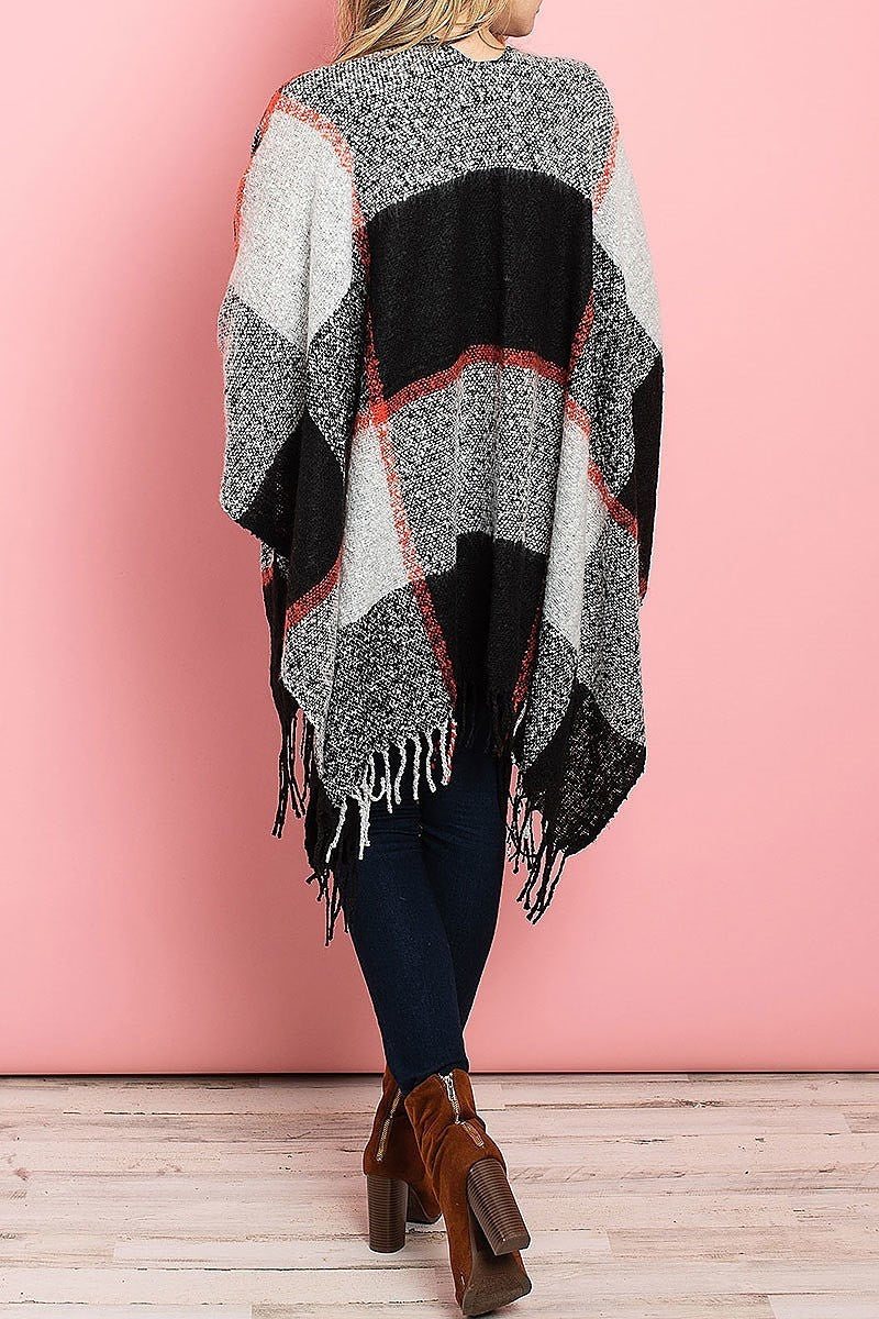 Fringe detail loose fit poncho sweater (DGS4912)