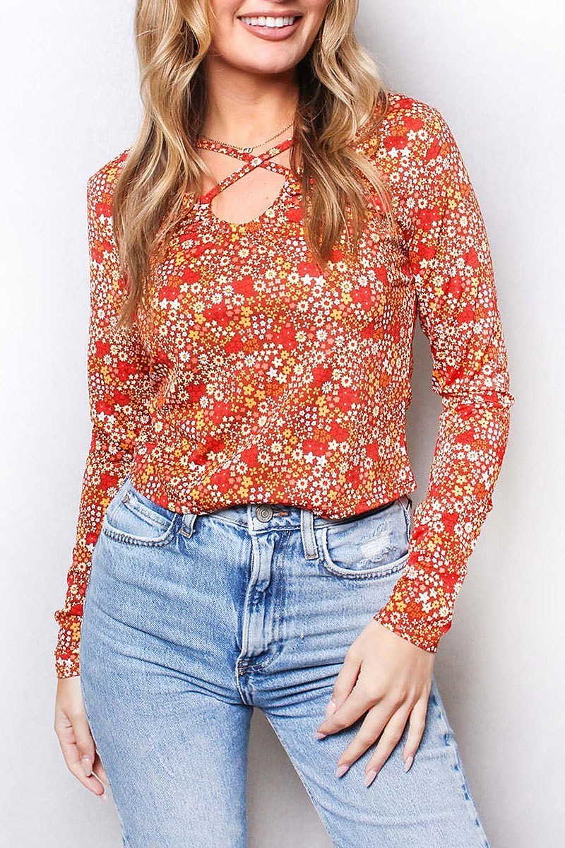 Crisscross front floral pritn top (SDG2996)