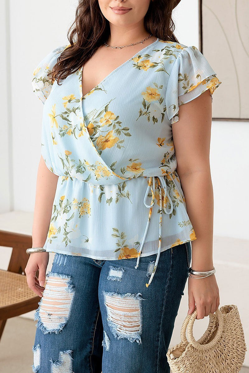 Ruffle hem floral wrap top (TED2995)