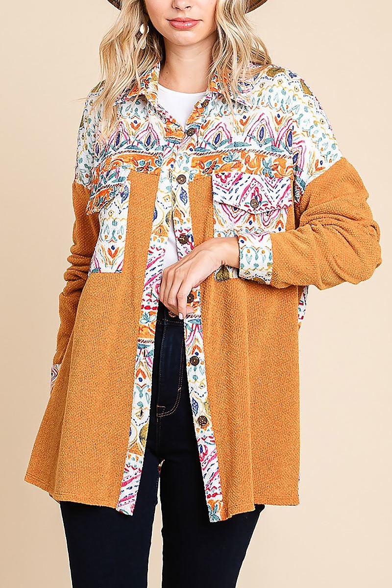 Aztec printed color block shirt jacket (EDH1591)