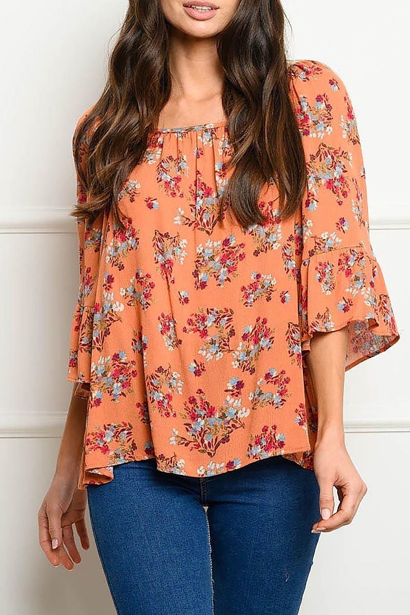 Quarter bell sleeves floral tunic top (EDWT4222)