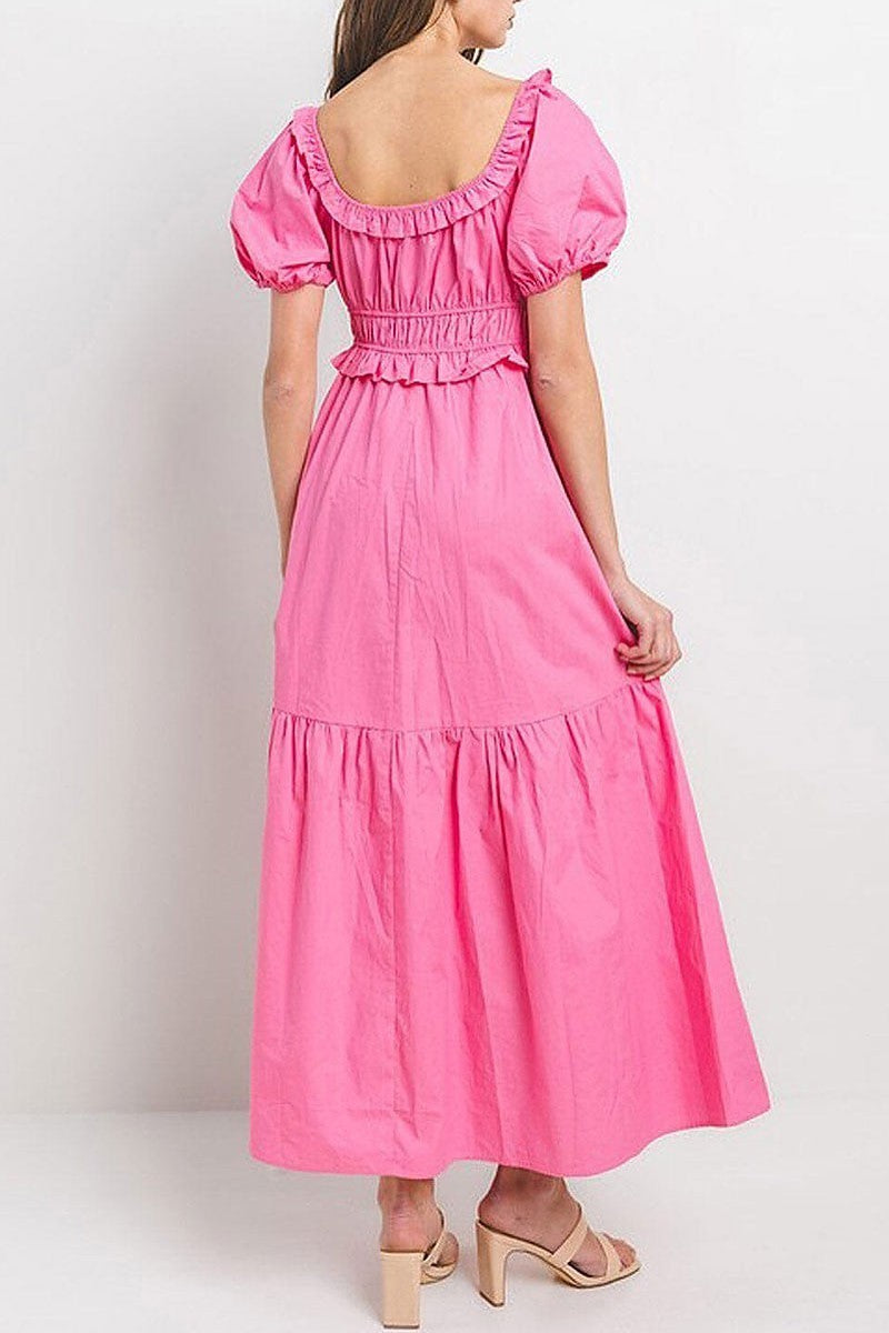 Short puff sleeve elastic waist tiered maxi dress (EGWT1405)