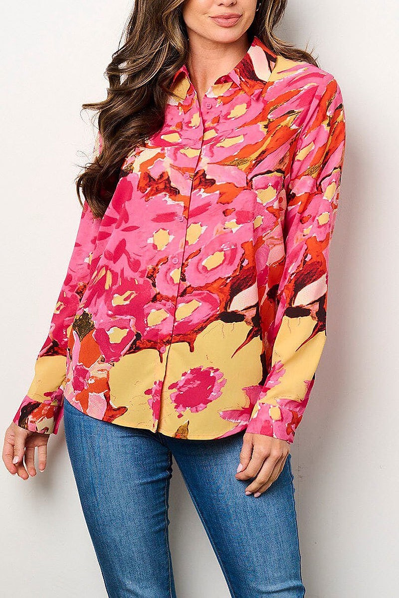 Long sleeve button up floral print blouse top (EFWT9084)