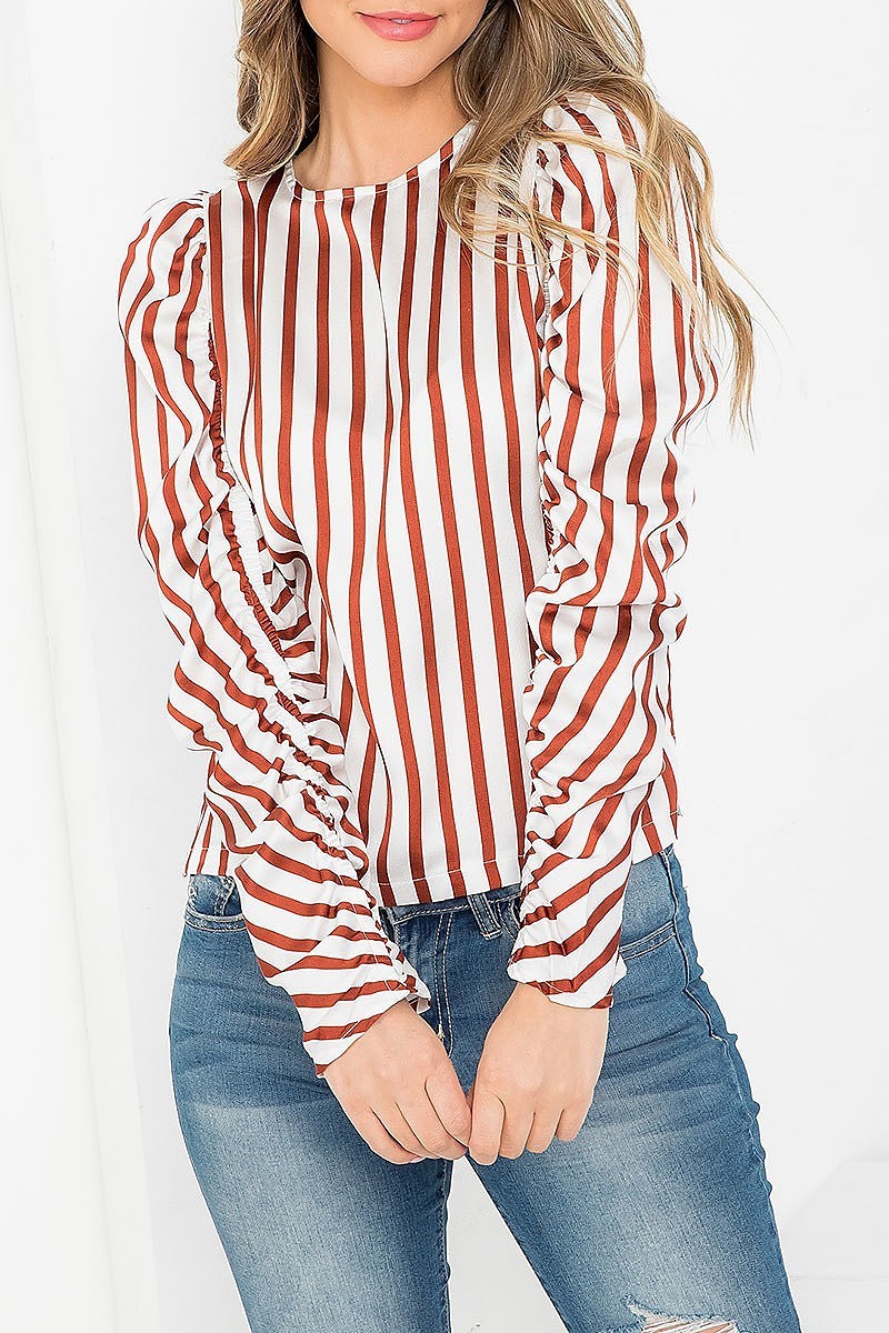 Stripes print round neck ruched long sleeve top (EF3547)