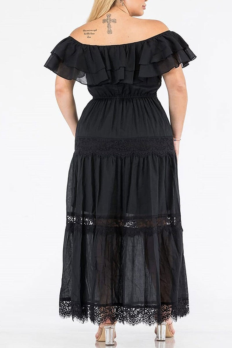 Off shoulder ruffle lace tiered maxi dress (EGWT1339)