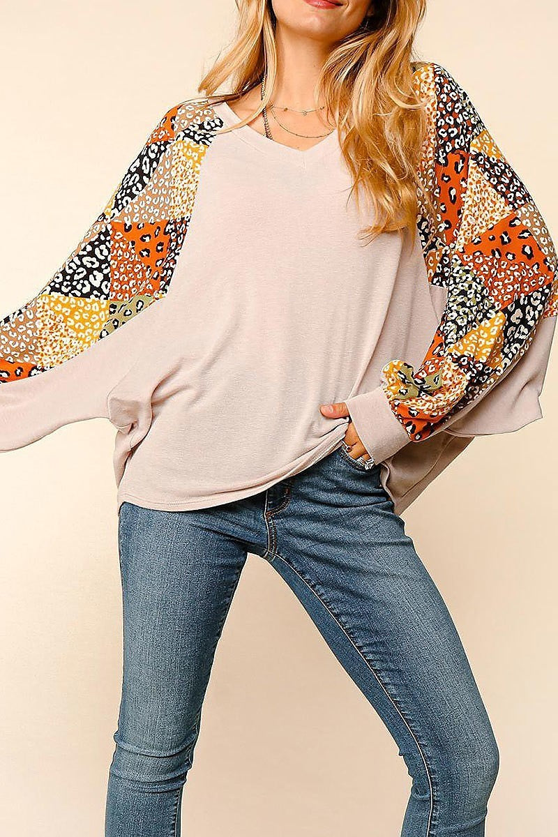 Dolman slouchy patchwork bubble long sleeve top (ETBM4027)