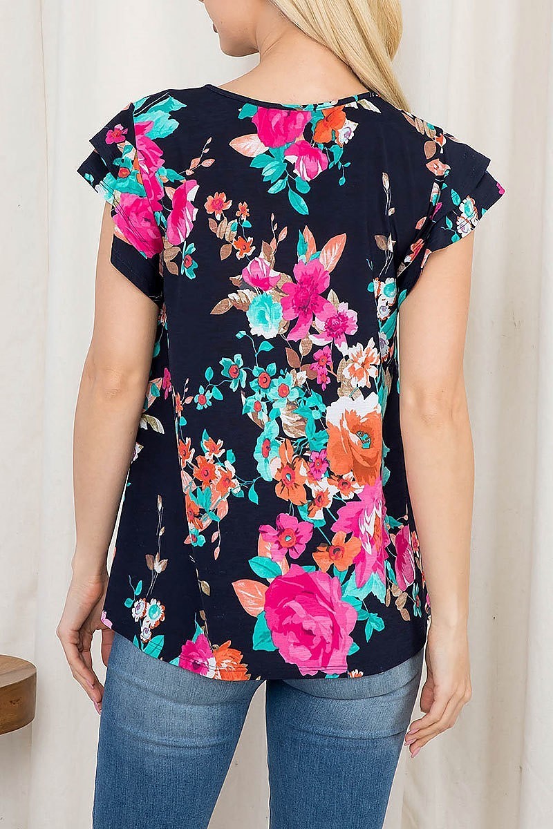 Ruffle sleeve round neck floral top (EF3034)