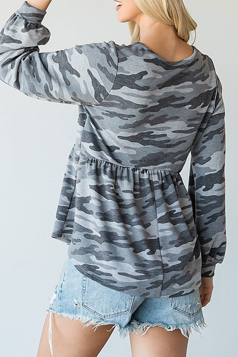 Camo puff sleeve v neck top (EF4958)