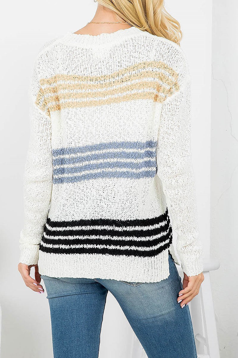 Multi stripe round neck knitted top (DGS5720)