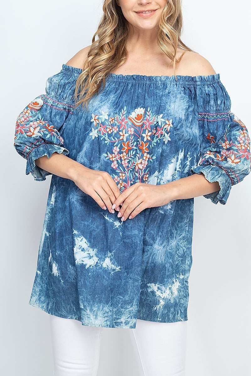 Floral embroidered off shoulder tie dye top (EF1310)